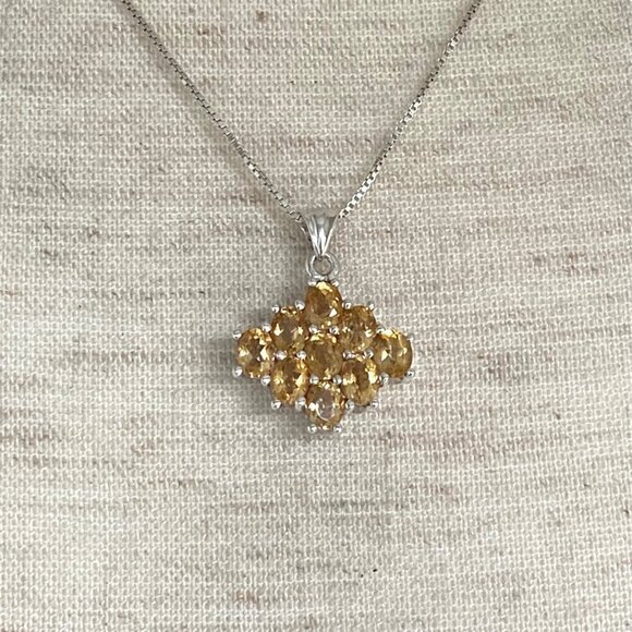 Sterling Silver 925 Prong Set Multi Gemstone Citrine Cluster Pendant Necklace - Picture 7 of 16